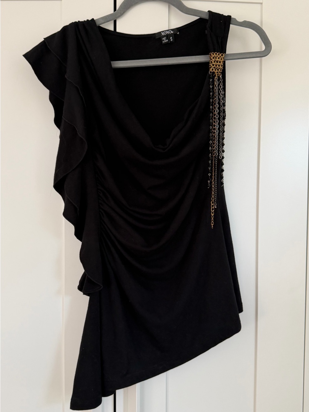Whimsigoth Y2K Vintage XOXO Black Asymmetric Top Cascading Ruffles Metal Size S